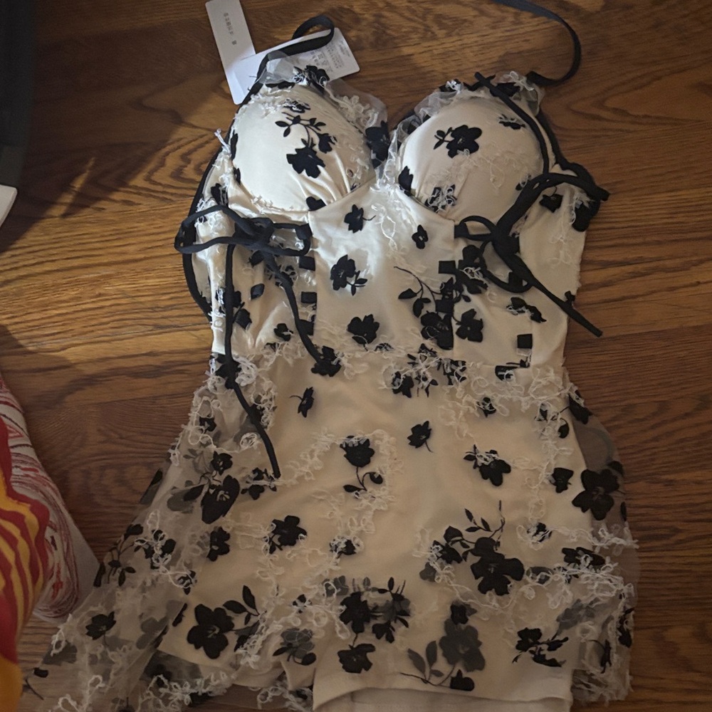 White Lace Dress with Black Floral Appliqué